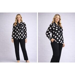 Jones New York Womens Silk Blouse Size 16 Black Polka Dot Tie Neck Classic Chic